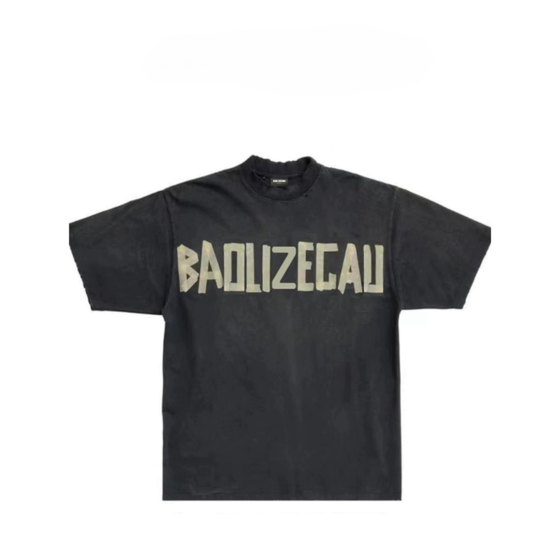 Baigusengas Paris Letter-Printed Tape-Style Distressed Round-Neck Pullover Short-Sleeve T-Shirt Unisex