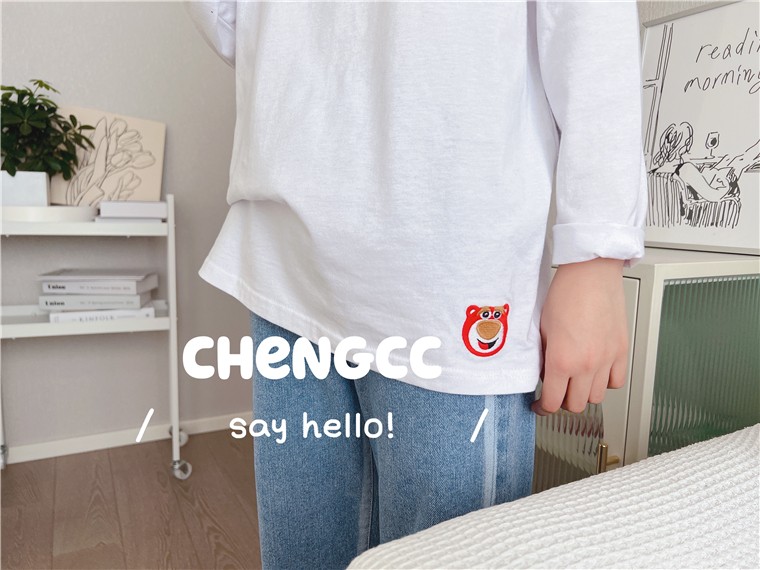 22 spring white strawberry bear embroidery long sleeve blouse overlaid girl child