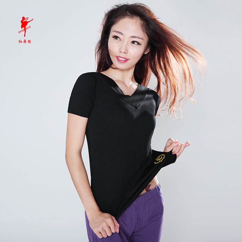 Red dance shoes mercerized cotton front V back round short-sleeved women's top yoga practice clothes square dance dance clothes 35061