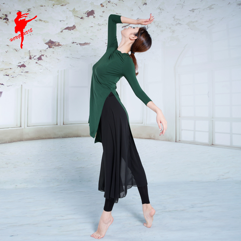 Red dance shoes, modern dance clothing, modal dance practice clothes, three-quarter sleeves round neck dance top new