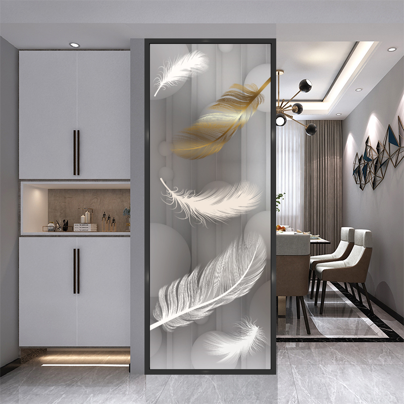 Customized art glass living room partition wall decorative screen double-sided light luxury style feather entry entrance frosted light transmission