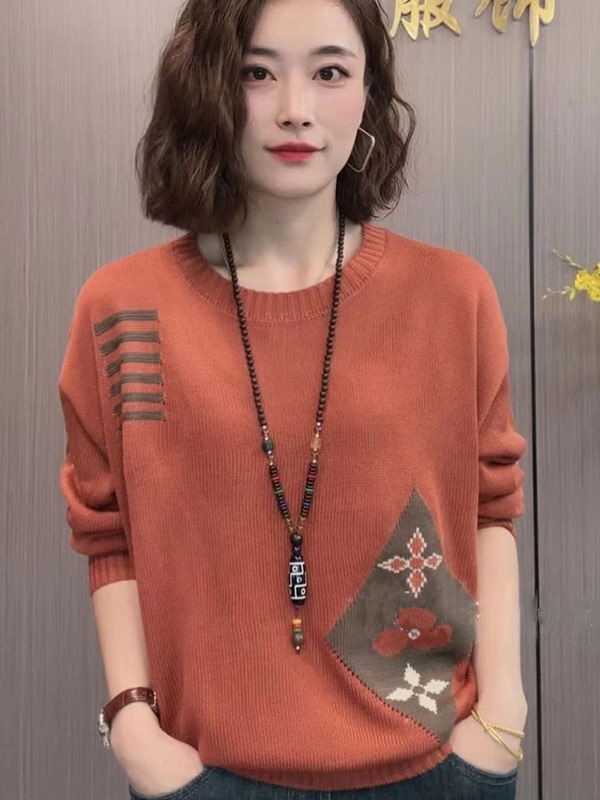 Loose and Slimming [40-82.5kg] Jacquard Crew Neck Sweater for Women, New Ethnic Style Knitted Base Top for Spring and Autumn