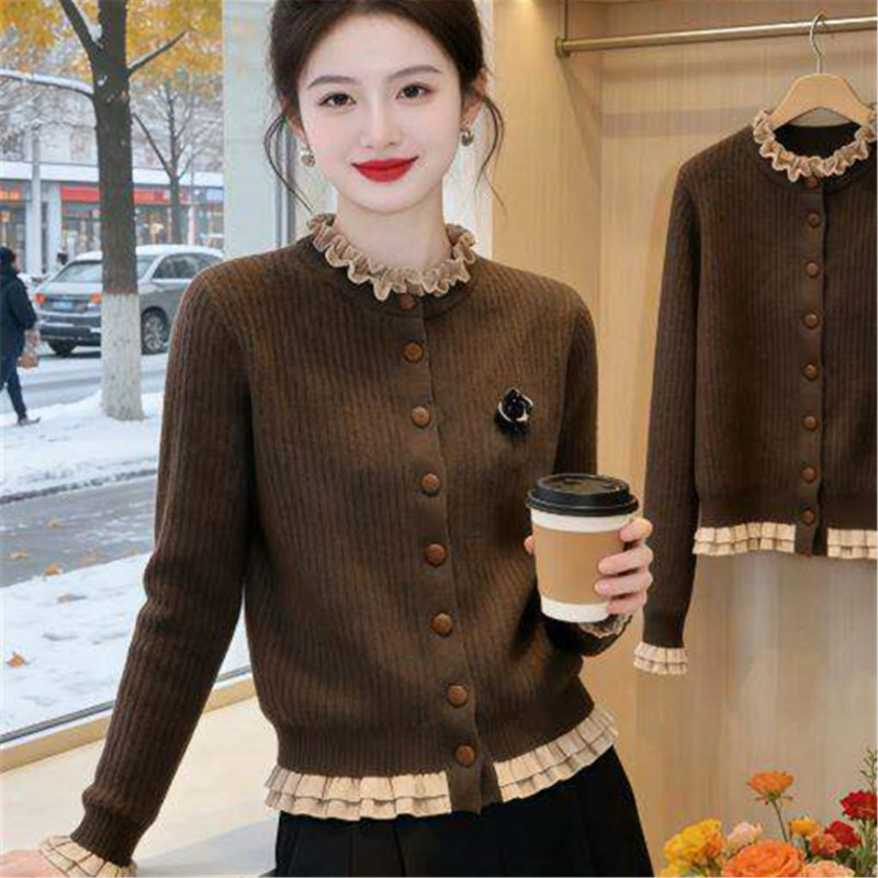 Coffee-Colored Ruffled Knit Cardigan for Women, 2026 Autumn and Winter New Style, High-End, Stylish, Slimming, Inner Wear, Age-Reducing Top Coffee-Colored Ruffled Knit Cardigan for Women, 2026 Autumn and Winter New Style, High-End, Stylish, Slimming, Inner Wear, Age-Reducing Top
