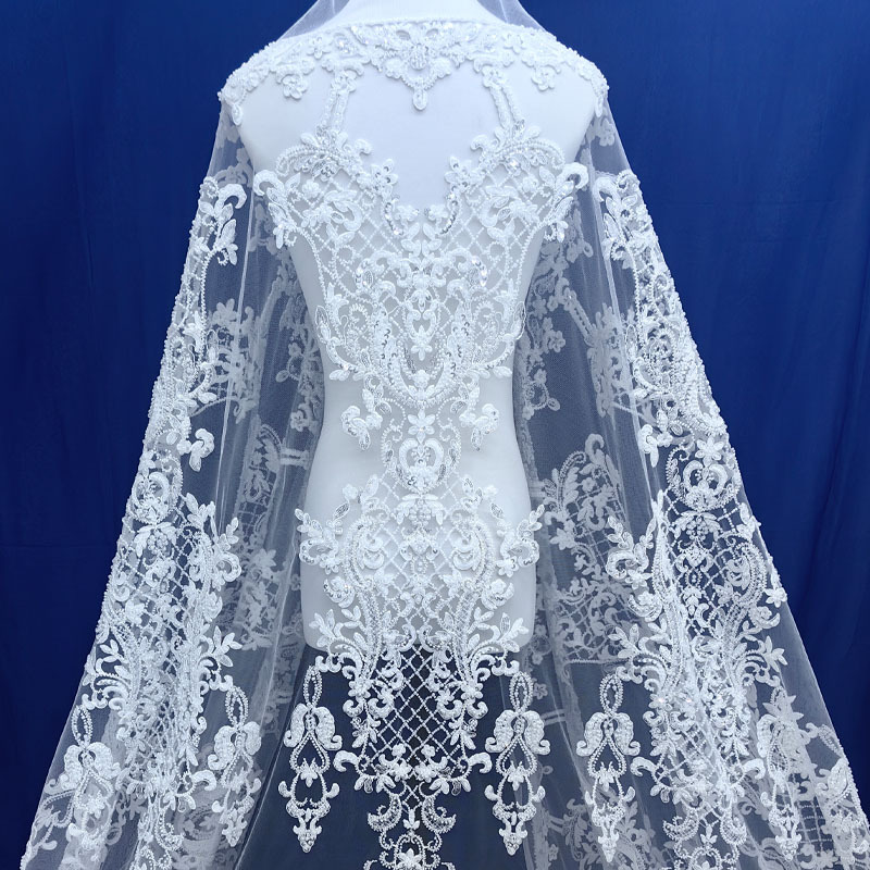 New Heavy-Duty Beaded Sequin Lace Fabric European-Style Palace Embroidery Mesh Wedding Dress Cape Veil Fabric