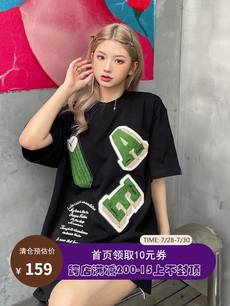AE6604 Summer American street retro letter embroidery printed T-shirt loose cotton couple round neck short sleeve women