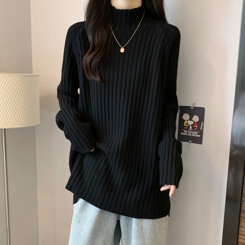 Plus-Size Half-Turtleneck Knit Base Layer Sweater for Women, Autumn and Winter, Mid-Length Black Top with a High-End Feel for Curvy Women