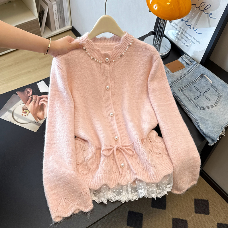 High-End Beaded Pink Sweater Cardigan for Women, New Autumn and Winter Style, Plus Size, Lace Trim Knit Top