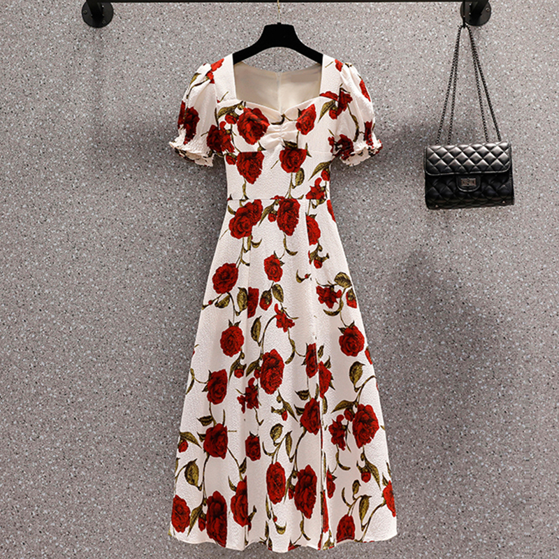 Plus Size Women's Clothing 2025 Summer New Slimming Belly-Covering Rose Long Dress for Chubby Girls French Floral Square Neck Dress