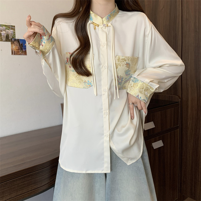 Plus size women's new Chinese style button-up shirt early spring slightly fat mm mid-length straight shoulder improved Tang suit top