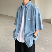 Denim shirt mens short sleeve summer thin shirt Korean version of the trend Ruffian handsome Hong Kong style Japanese half sleeve jacket bf