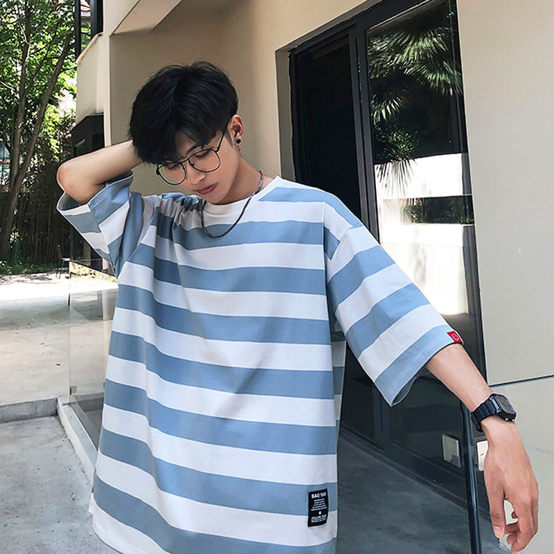 Short-Sleeved T-Shirt for Men, Stripesd Three-Quarter Sleeves, Trendyy Brand, Three-Quarter Loose and Versatile, Trendy Men ins K-Style, Internet Celebrity Harajuku Style