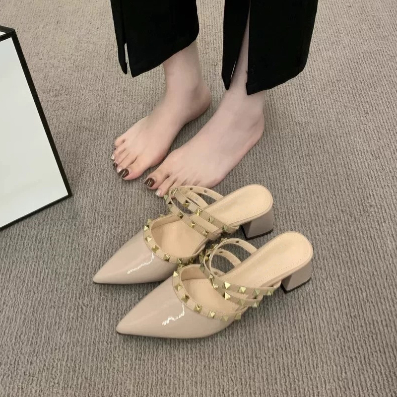 2026 New Style French Rivet High-Heeled Mules for Women, Elegant and Fashionable Pointed Toe Mid-Heel Open-Back Sandals