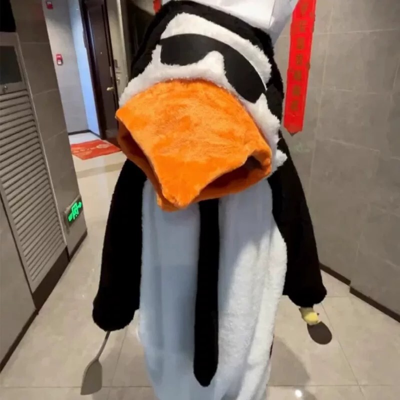 Funny Coral Fleece One-Piece Pajamas with a Quirky Penguin Design, Suitable for Students in Autumn and Winter, Thickened and Can Be Worn Outside as Loungewear for the Stylish