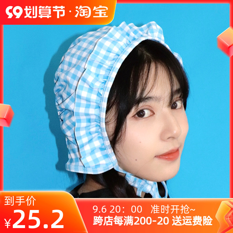 Lace blue gingham swimming cap women's lace-up comfortable not strangling head hot spring beach vacation sunscreen breathable swimming cap