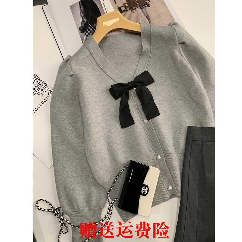 Design sense niche sweet knitted cardigan jacket women 2022 autumn and winter new bowknot V-neck all-match top - Taobao