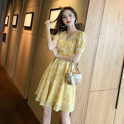 Платье, ретро юбка, приталенный желтый шифоновый корсет, в цветочек, коллекция 2021, французский стиль, подходит для подростков