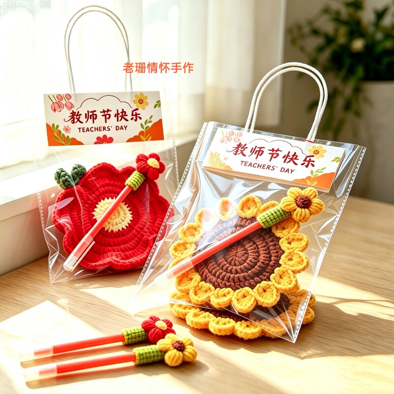 Finished Product with Free Shipping, Creative Teacher's Day Gift, Small Red Flower Sunflower Coaster, Pen Holder, Doll for Teachers