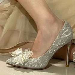 French crystal shoes 2022 spring and autumn new silver wedding shoes rhinestone bow pointed high heels women's thin heel single shoes