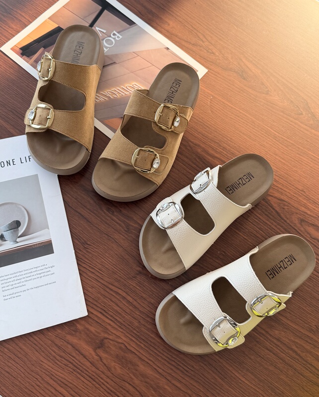 Baibai【Soft Sole Support】Double Buckle Birkenstock Sandals with Adjustable Strap, Flat Casual Slippers for Outdoor Wear