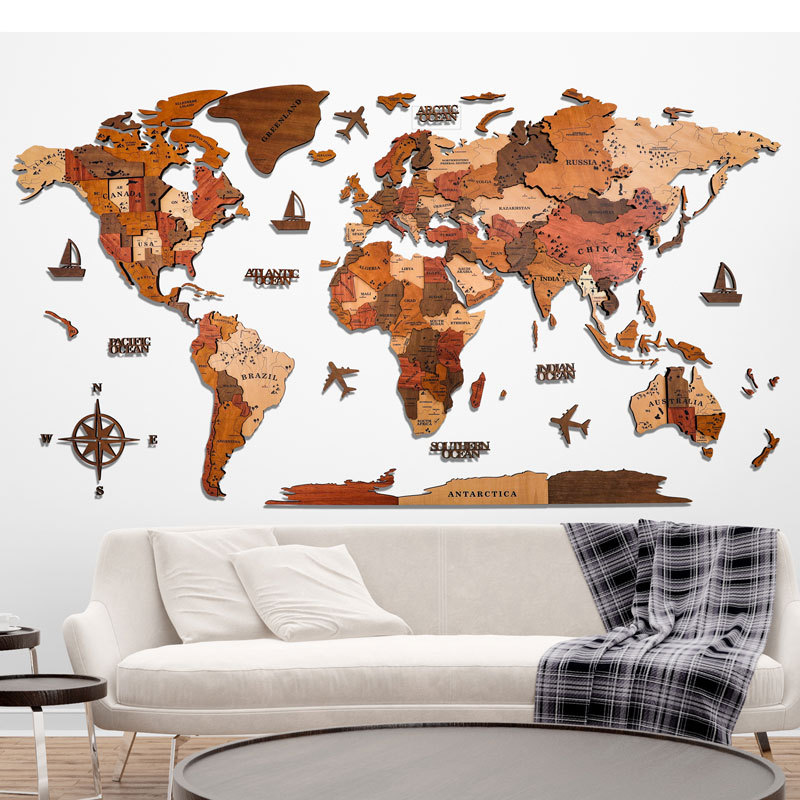 Insul Nordic World 3D Solid Wood Map Wall Sticker Wall Decoration Creative Living Room Background Wall