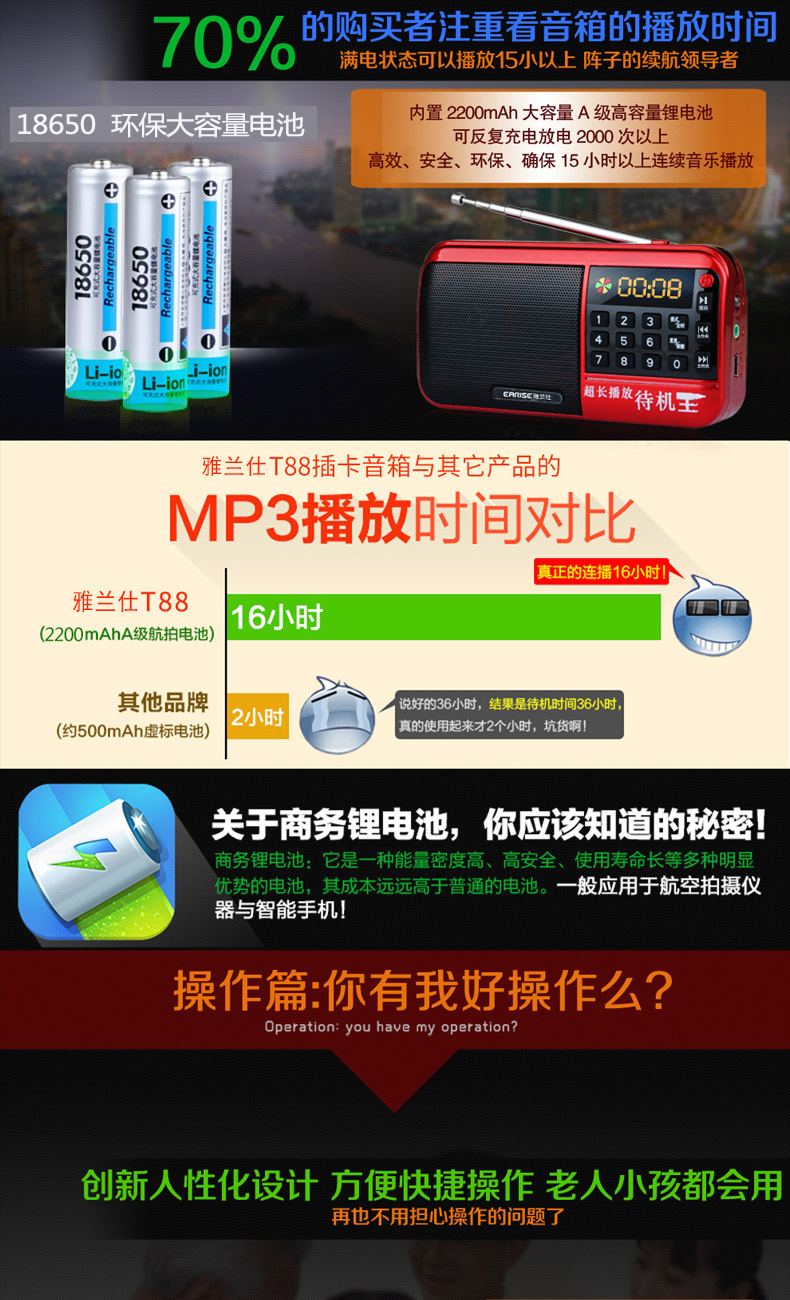 Đài phát thanh Yalan Shi T88 ông già mới mini card âm thanh nhỏ loa nhỏ cầm tay máy nghe nhạc walkman mp3 sạc trẻ em nhạc ngoài nghe các bài hát - Máy nghe nhạc mp3 	máy nghe nhạc kiêm tai nghe bluetooth
