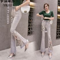 Micro-flared jeans womens high waist 2021 summer new slim slim light color heavy embroidery wide leg flared pants