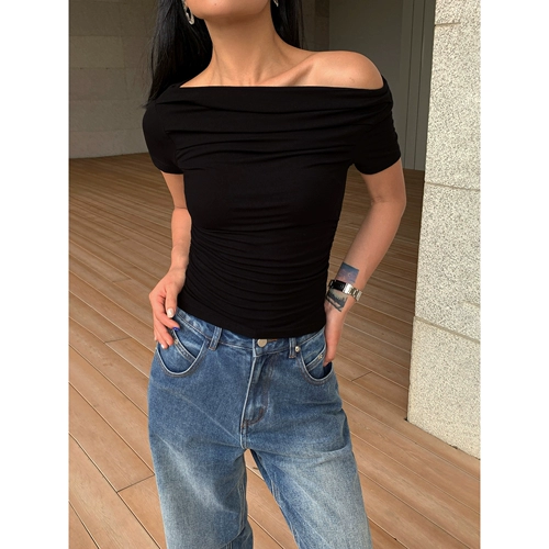 Сексуальная летняя короткая футболка с коротким рукавом, открытые плечи, по фигуре, облегающий крой