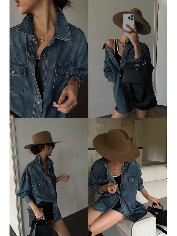 Neva Hu Blue Retro Denim Shirt for Women New Loose Casual Design Long-Sleeved Jacket Top Neva Hu Blue Retro Denim Shirt for Women New Loose Casual Design Long-Sleeved Jacket Top