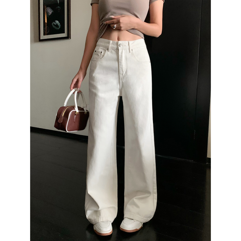 Neva Hu Off-White Wide-Leg Jeans for Women, High-Waisted, Loose, Slimming, Casual Pants, Versatile Straight-Leg Drapey Long Pants