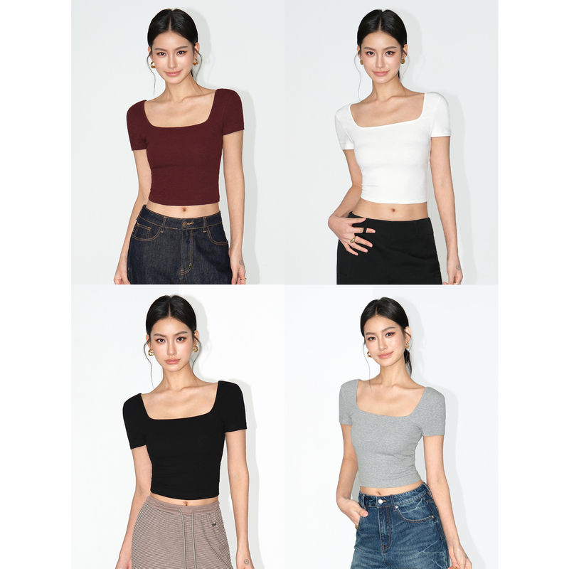 Neva Hu Reversible Basic Square-Neck White Short-Sleeve T-Shirt for Women, Summer Slim-Fit Crop Top for Trendy Girls