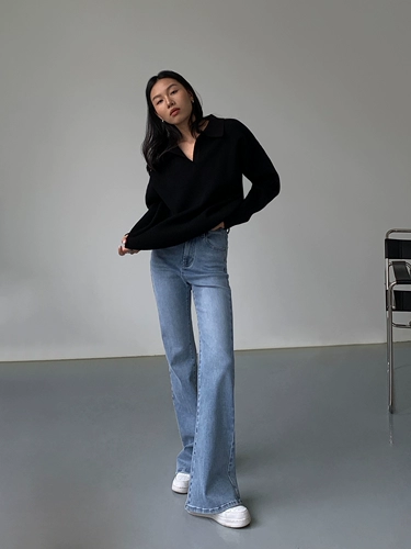 Черный трикотажный свитер, воротник поло, осенний, в корейском стиле