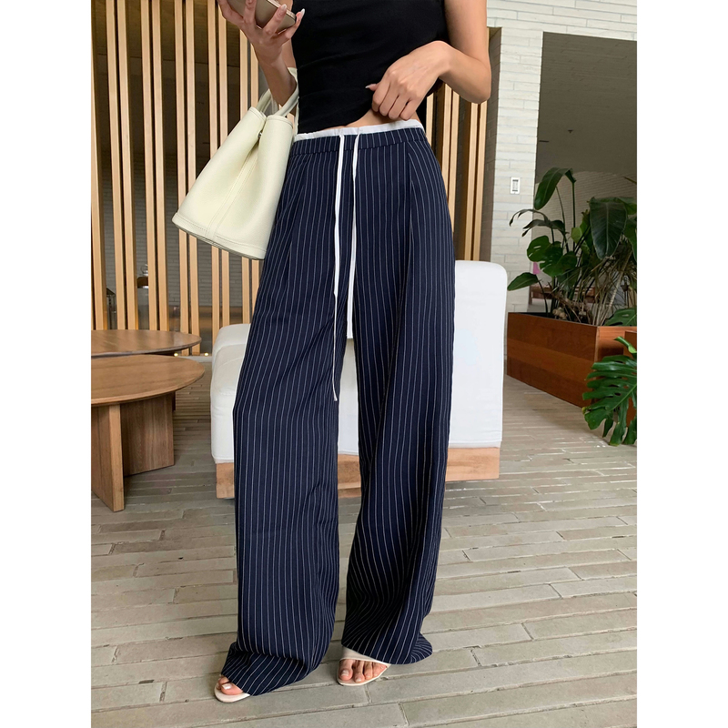 Neva Hu Designer Drawstring Striped Pants for Women, Niche Loose Casual Pants, Straight-Leg Long Pants, Floor-Length Wide-Leg Pants