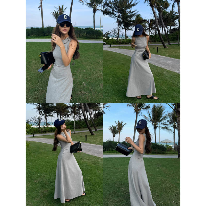 Neva Hu Round Neck Sleeveless Vest Dress Knitted Dress Women's Slim Waist Mid-Length Elegant Skirt