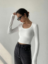 HUYIFAN White T-shirt Women 2021 Autumn Thin High Waist Short Round Neck base shirt Slim Knitted Long Sleeve Top