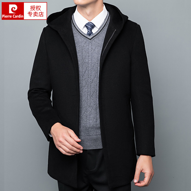 Pierre Cardin Double-Sided Cashmere Outwear Men's Mid-Length Hooded High-End Men's Woolen Outwear Zipper Windbreaker