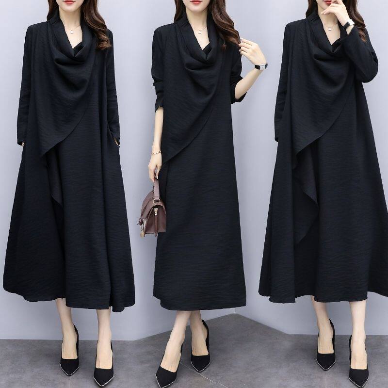 2020 Fall Women's Dress Loot Big Code Long Dress Code Long Dress Woman Black Display Slim Long Sleeve Dress Pile Collar Long Skirt 