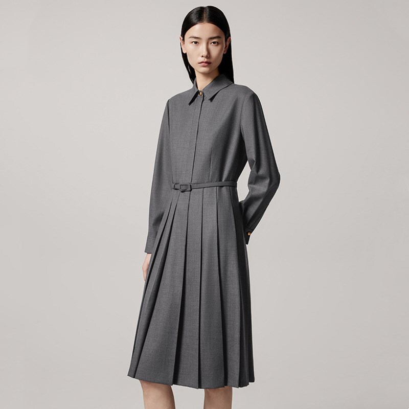 [Wool] Langjia Same Style Women's Clothing 2026 Spring Collection Elegant Commuter Polo Collar Long-Sleeve Pleated Shirt Dress