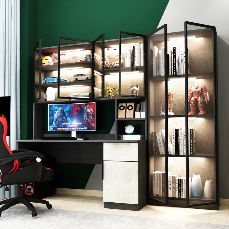 Light luxury computer desk desk bookcase integrated table combination bedroom study gaming glass door computer desk with cabinet customization