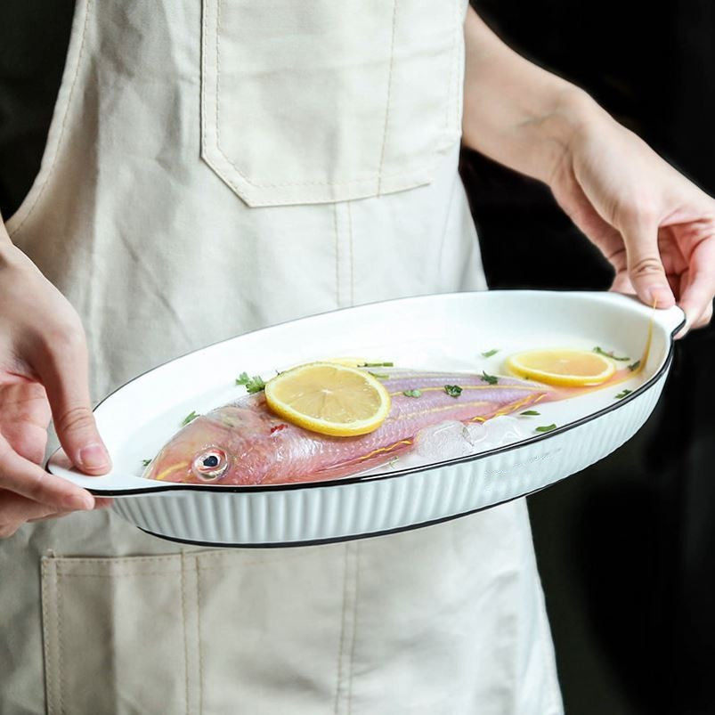 14-inch fish plate household large creative rectangular Nordic plate ceramic ins steamed fish plate