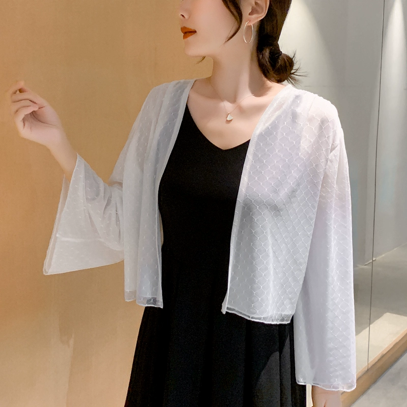 Với váy xòe sơ mi voan nhỏ khăn choàng mỏng áo khoác cardigan chống nắng nữ 2020 mới ngoài hè - Áo sơ mi chiffon ren