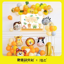 Baby one year old child girl birthday balloon decoration Forest boy party scene layout animal background wall