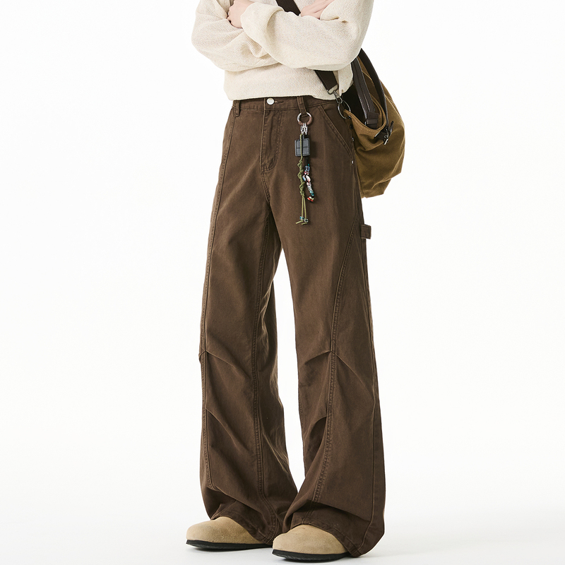 Mscs Melard Patchwork Pleated Design Coffee-Colored Casual Pants for Men and Women, New Straight-Leg Lumberjack Pants for Autumn