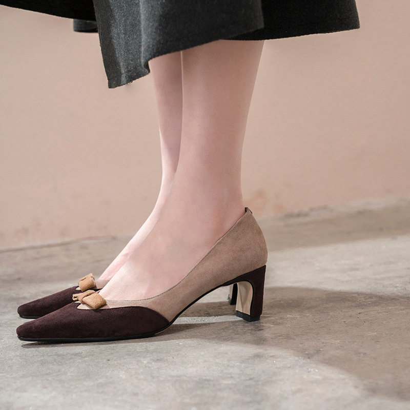 Gulvdinel is so beautiful, I want suede high-heeled shoes, women's thick heels, comfortable 4CM shallow mouth, square head, middle heels