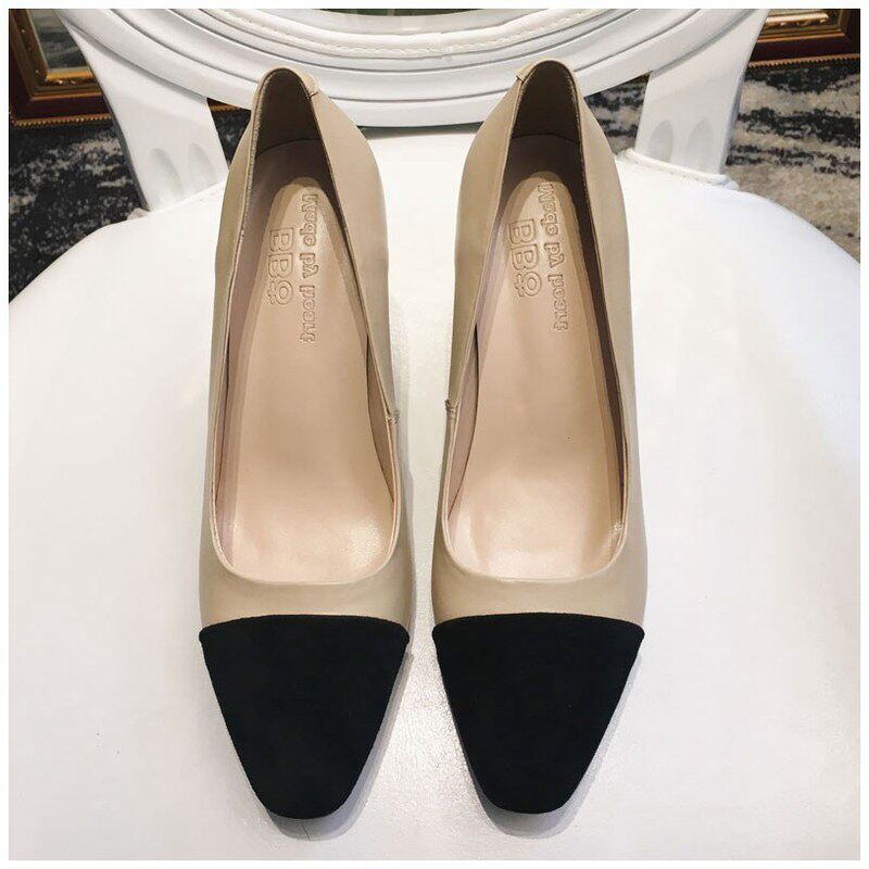 Goulvdinel small fragrant wind square head genuine leather texture High heel Shoes Female Coarse Heel Collage 100 Lapped Temperamental Single Shoes