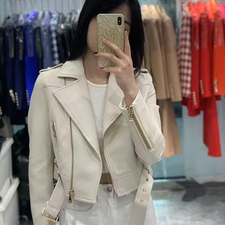2025 New Style Lapel Motorcycle Leather Jacket for Women, High-End Zippered Long-Sleeve Leather Jacket Top