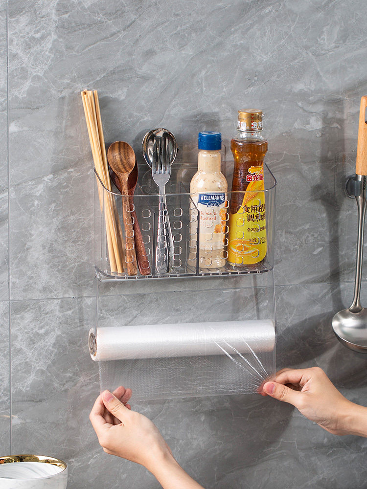 Kitchen storage box Cling film storage shelf Transparent non-perforated roll toilet paper rack Paper towel rack Wall-mounted refrigerator side wall rack