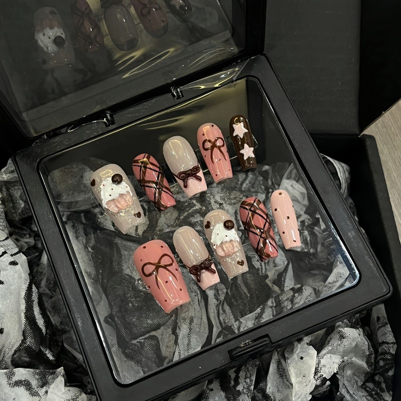 Purely Handmade [Mianmian Dousha] Cute Girly Pink Ice Cream Pattern Cake Bow Brown Press-On Nails