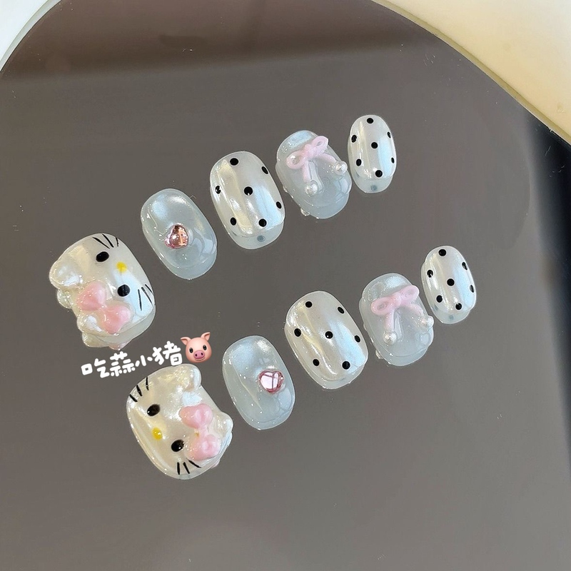Purely Handmade 3D Kitty Aurora Embossed Ears Cute New Polka Dot Cat Eye Design Short Press-On Nails