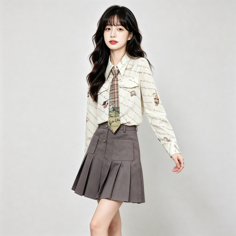 [Free Tie] Rabbit Print Long Sleeve Shirt for Women 2026 Autumn New Design Versatile Loose Top