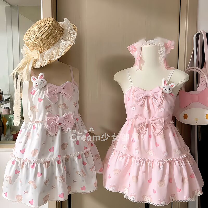 Summer Japanese-Style Sweet and Cute Soft Girl Bow Strawberry Bunny Personalized Design Daughter Dress Soft Girl Dress